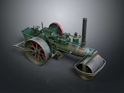 Vintage Functional Steam Roller Vehicle With Green Body Red Wheels And Chimney 3d model