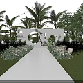 Night Garden Landscape With Palm Trees String Lights Circular Archways And Flower Pathway 3d model