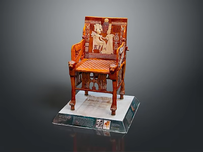 Ancient Egyptian Carved Wooden Chair With Intricate Figures On Translucent Display Stand 3d model