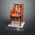 Ancient Egyptian Carved Wooden Chair With Intricate Figures On Translucent Display Stand