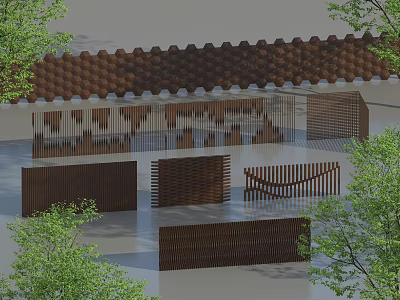 Wooden Background Wall With Geometric Slatted Design And Green Plants In Outdoor Space 3d model