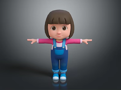 Cartoon Girl Character With Brown Hair Pink Long Sleeve Top And Blue Overalls Open Arms 3d model