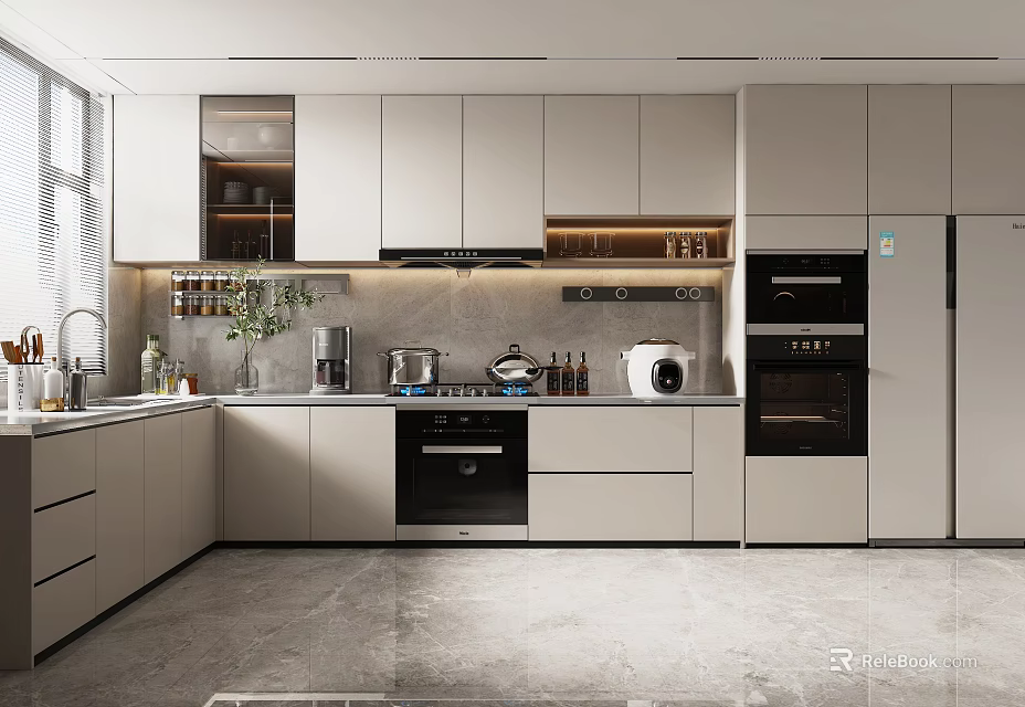 Modern Kitchen Interior Design with Neutral Cabinets Black Oven Countertop and Natural Light 3d model 
