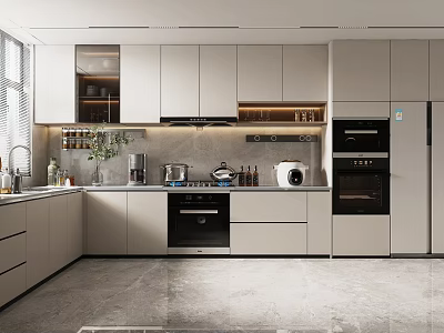 Modern Kitchen Interior Design with Neutral Cabinets Black Oven Countertop and Natural Light 3d model