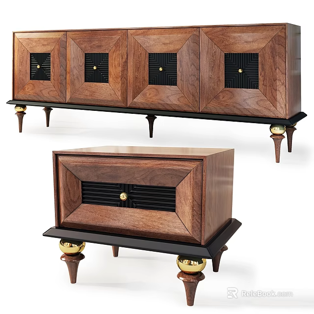 Vintage Wooden Chest of Drawers with Decorative Panels and Gold Metal Legs 3d model 