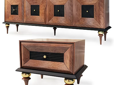 Vintage Wooden Chest of Drawers with Decorative Panels and Gold Metal Legs 3d model