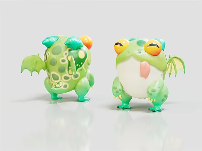 Two Cute Green Frog Toys With Wings Orange and Yellow Eyes White Belly Spotted Bodies 3d model