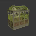 Antique Ornate Birdcage Structure With Metal Frame Glass Panels And Carved Wooden Base