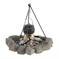 Garden Ornament With Stone Fire Pit Tripod Hanging Pot and Burning Logs