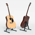 Two Acoustic Guitars on Black Stands with Light and Dark Wooden Bodies