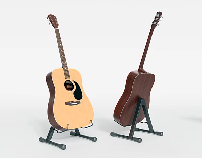Two Acoustic Guitars on Black Stands with Light and Dark Wooden Bodies 3d model