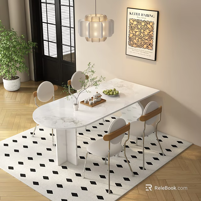 Modern Dining Table Set With Marble Top White Chairs Green Plant And Geometric Rug 3d model 