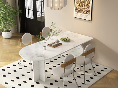 Modern Dining Table Set With Marble Top White Chairs Green Plant And Geometric Rug 3d model
