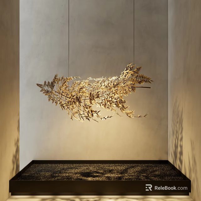 Elegant Golden Fern Leaf Shaped Hanging Pendant With Light Shadow On Interior Wall 3d model 