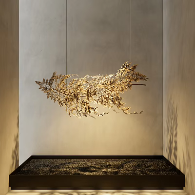 Elegant Golden Fern Leaf Shaped Hanging Pendant With Light Shadow On Interior Wall 3d model