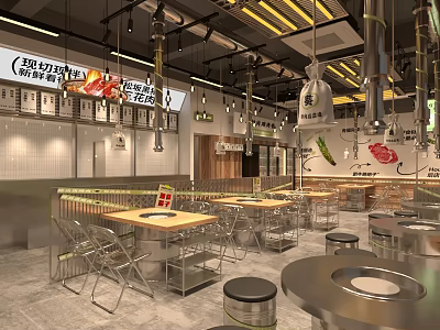 Contemporary Restaurant Interior Design Featuring Metal Wooden Tables Hanging Lights And Wall Decor 3d model
