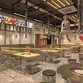 Contemporary Restaurant Interior Design Featuring Metal Wooden Tables Hanging Lights And Wall Decor