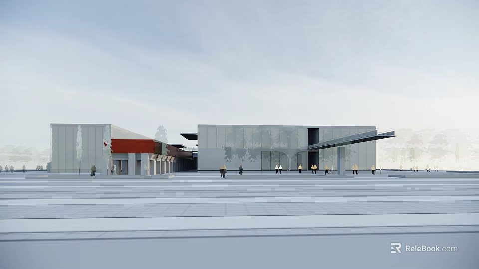 Modern Architectural Building With Glass Facade Red Roof Open Plaza And Pedestrians 3d model 