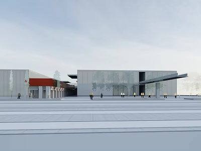 Modern Architectural Building With Glass Facade Red Roof Open Plaza And Pedestrians 3d model