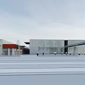 Modern Architectural Building With Glass Facade Red Roof Open Plaza And Pedestrians