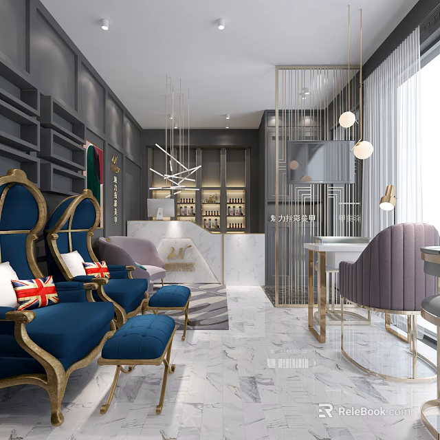 Luxury Beauty Hair Salon Interior With Elegant Gold Decor Marble Floor And Comfortable Seats 3d model 