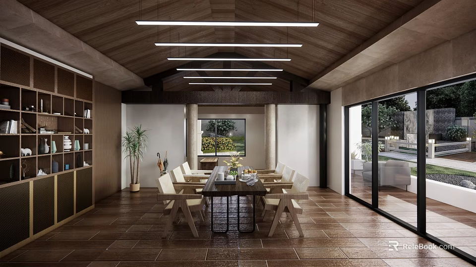 Modern Open Restaurant Interior With Wooden Ceiling Dining Table And Pendant Lights 3d model 