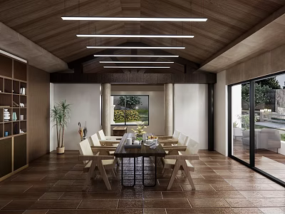 Modern Open Restaurant Interior With Wooden Ceiling Dining Table And Pendant Lights 3d model