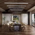 Modern Open Restaurant Interior With Wooden Ceiling Dining Table And Pendant Lights
