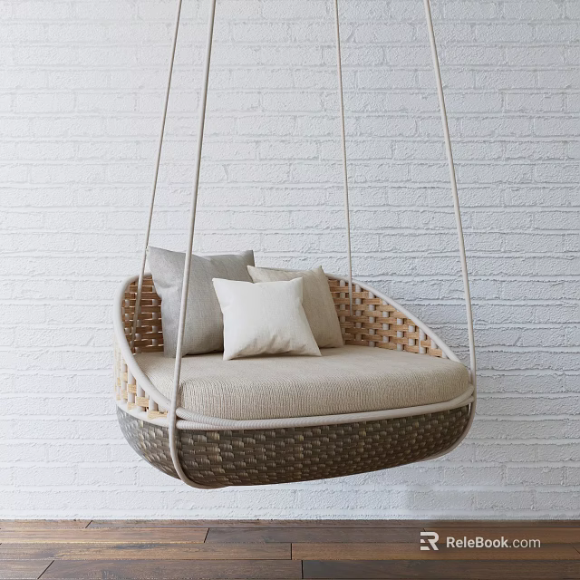 Rattan Hanging Chair with Beige Cushion and Gray Pillows Against White Brick Wall 3d model 