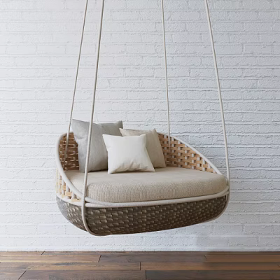Rattan Hanging Chair with Beige Cushion and Gray Pillows Against White Brick Wall 3d model