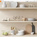 Wooden Kitchen Shelves Displaying White Bowls Plates Wine Glasses Wooden Mortar And Cutting Boards