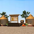 Rustic Farm Display With Thatched Roof Building Corn Baskets And Pumpkins By PAM Wall