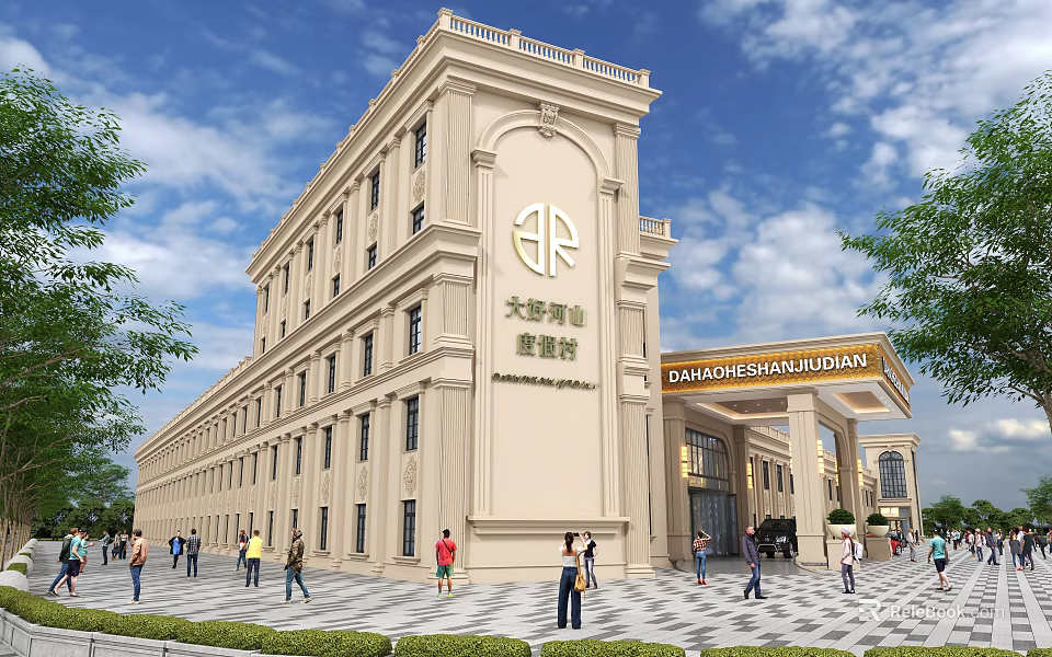 Beige Elegant Hotel Building With Grand Porch Green Trees People Blue Sky And White Clouds 3d model 