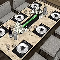 Stylish Dining Table Set With Gray Chairs Marble Top White Flowers And Tableware 3d model