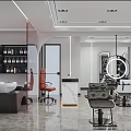 Modern Hair Salon Interior With Stylish Chairs Round Mirrors And Product Shelves