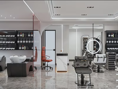 Modern Hair Salon Interior With Stylish Chairs Round Mirrors And Product Shelves 3d model