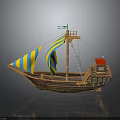 Wooden Watercraft With Yellow And Blue Striped Sails And Red Deck Features