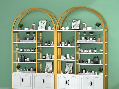 Elegant Display Cabinet Shelf With Golden Frame White Doors And Decorations On Green Wall 3d model