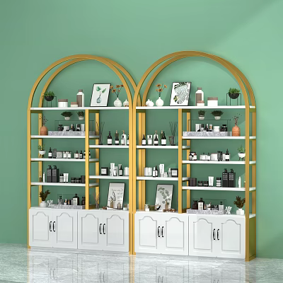Elegant Display Cabinet Shelf With Golden Frame White Doors And Decorations On Green Wall 3d model