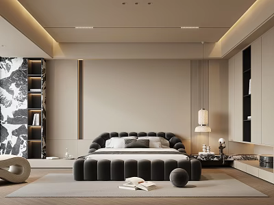 Modern Bedroom Interior Design With Black Tufted Bed Beige Walls Hanging Lamp And Bookshelves 3d model
