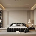 Modern Bedroom Interior Design With Black Tufted Bed Beige Walls Hanging Lamp And Bookshelves