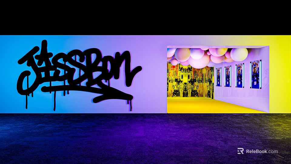 Vibrant Graffiti Art Interior With Colorful Balloons Purple Blue Lighting And Yellow Corridor 3d model 