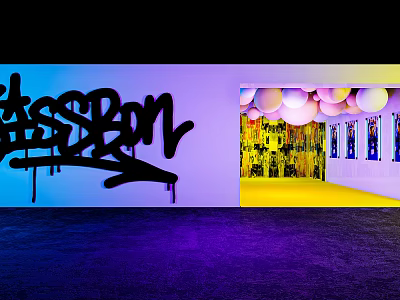 Vibrant Graffiti Art Interior With Colorful Balloons Purple Blue Lighting And Yellow Corridor 3d model