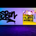 Vibrant Graffiti Art Interior With Colorful Balloons Purple Blue Lighting And Yellow Corridor
