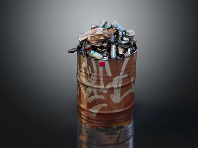 Rusty Metal Barrel With Graffiti Filled With Trash And Plastic Bottles 3d model