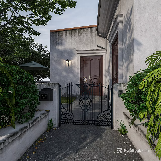 Black Wrought Iron Entrance Gate With Dark Wooden Door And Green Plants Near White Wall 3d model 