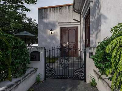 Black Wrought Iron Entrance Gate With Dark Wooden Door And Green Plants Near White Wall 3d model