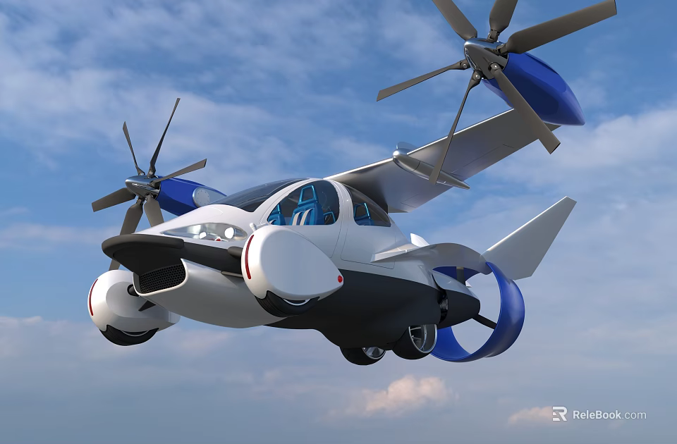 Flying Car With Futuristic Sleek Design Blue Propellers And White Body In Sky 3d model 