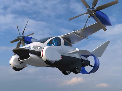 Flying Car With Futuristic Sleek Design Blue Propellers And White Body In Sky 3d model