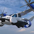 Flying Car With Futuristic Sleek Design Blue Propellers And White Body In Sky